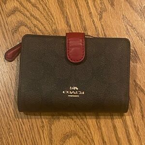 Coach Brown Monogram Wallet with Red Accent